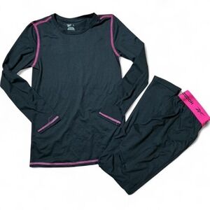 Reebok Kids Black Pink‎ Trim Long Sleeve Top Pants Base Layer Set Size L